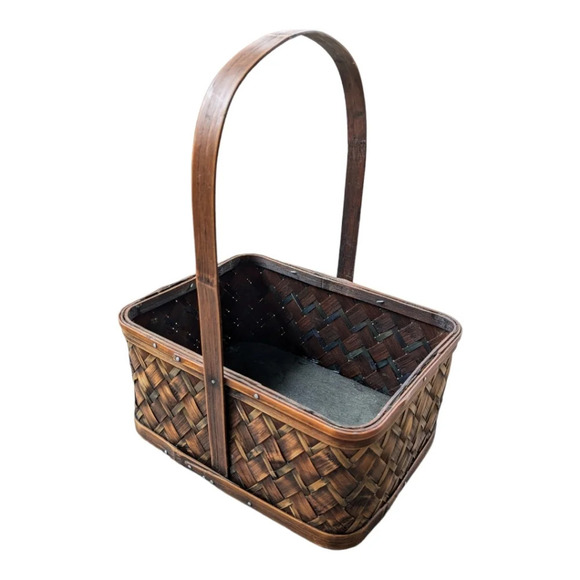 Wood Woven Basket with Handle Two Toned  Rectangular - Picture 1 of 8